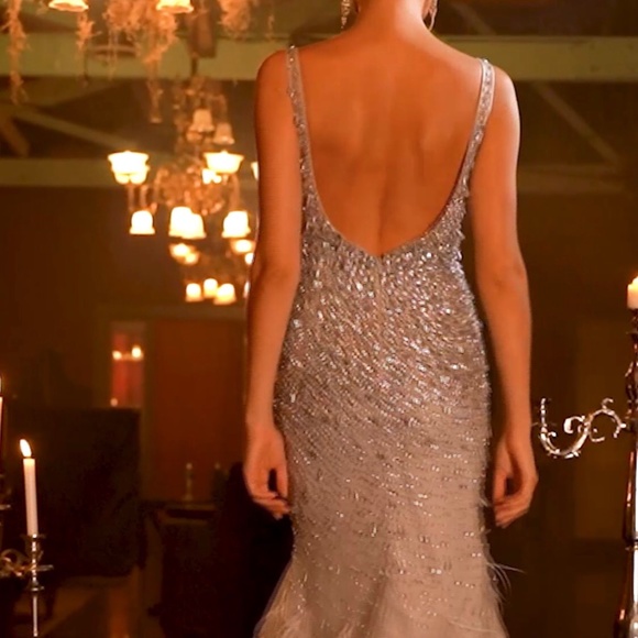 Jewel-Embellished Evening Gown with Ostrich Feathers - Picture 2 of 9